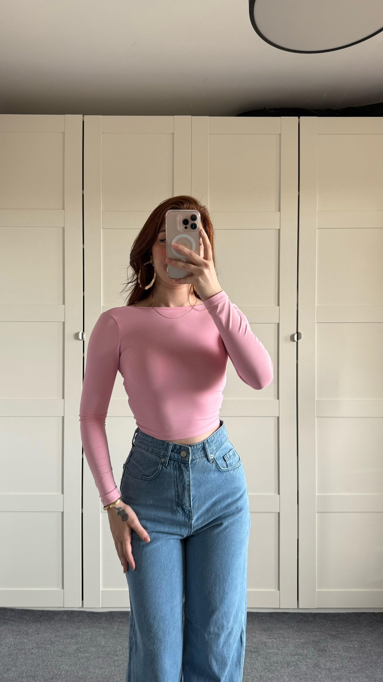 Sırtı Açık Uzun Kol Bluz Toz Pembe 