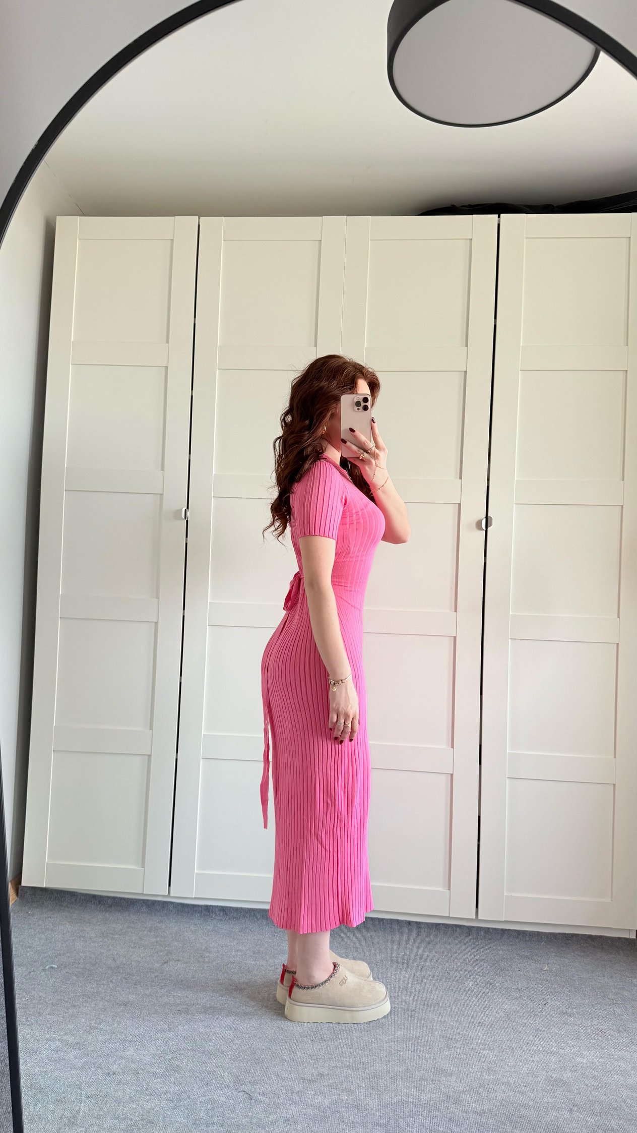 Triko Belden Bağlamalı Elbise Kısa Kol Pembe