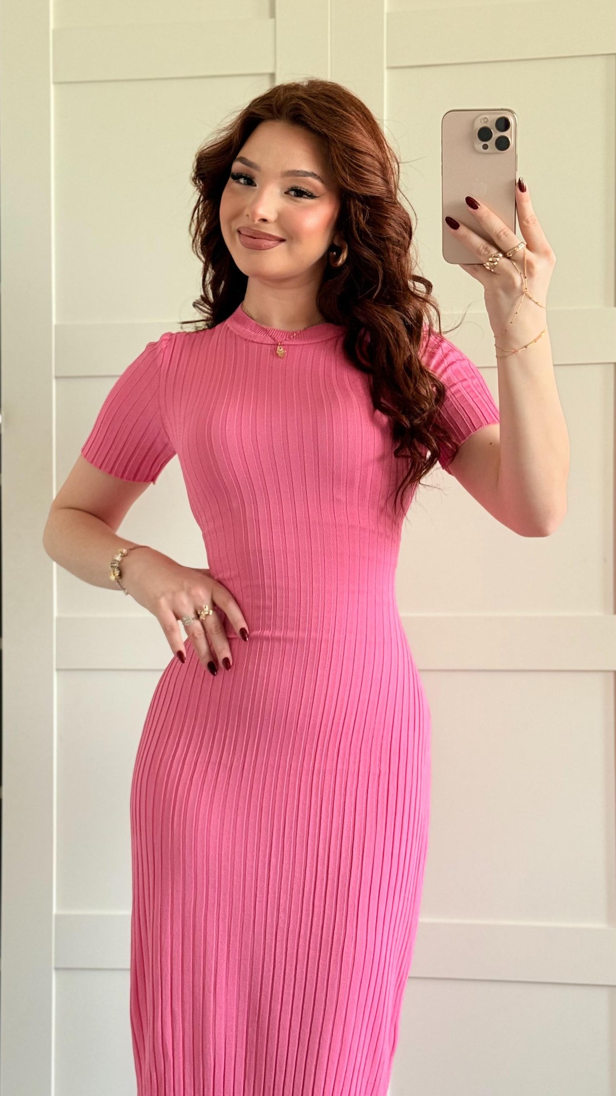 Triko Belden Bağlamalı Elbise Kısa Kol Pembe