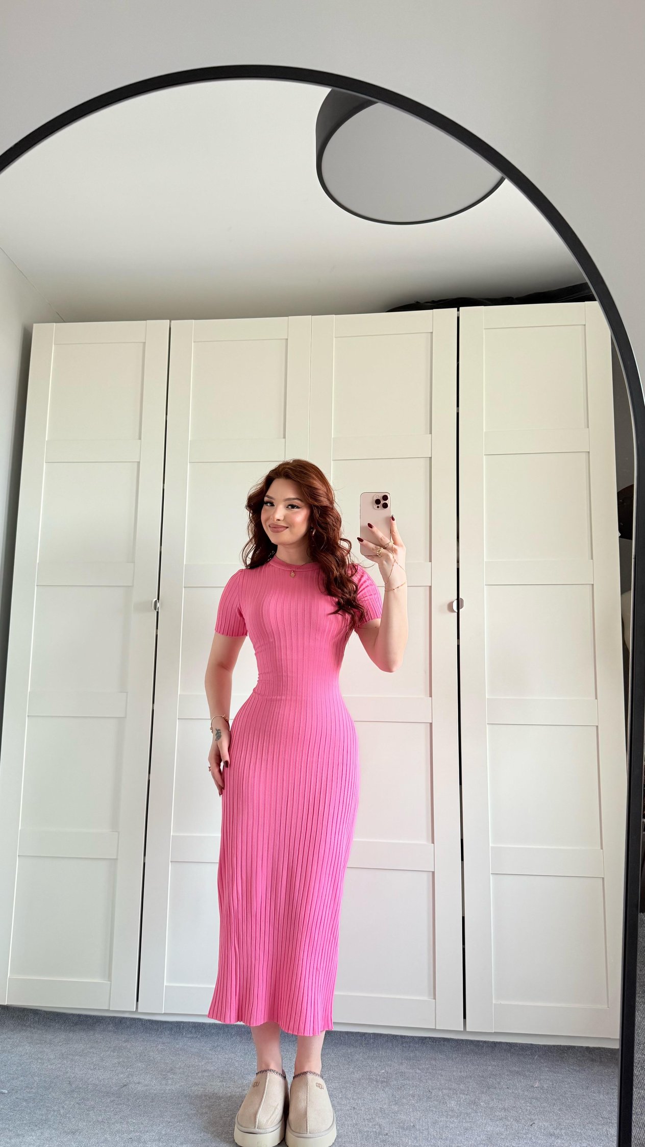 Triko Belden Bağlamalı Elbise Kısa Kol Pembe