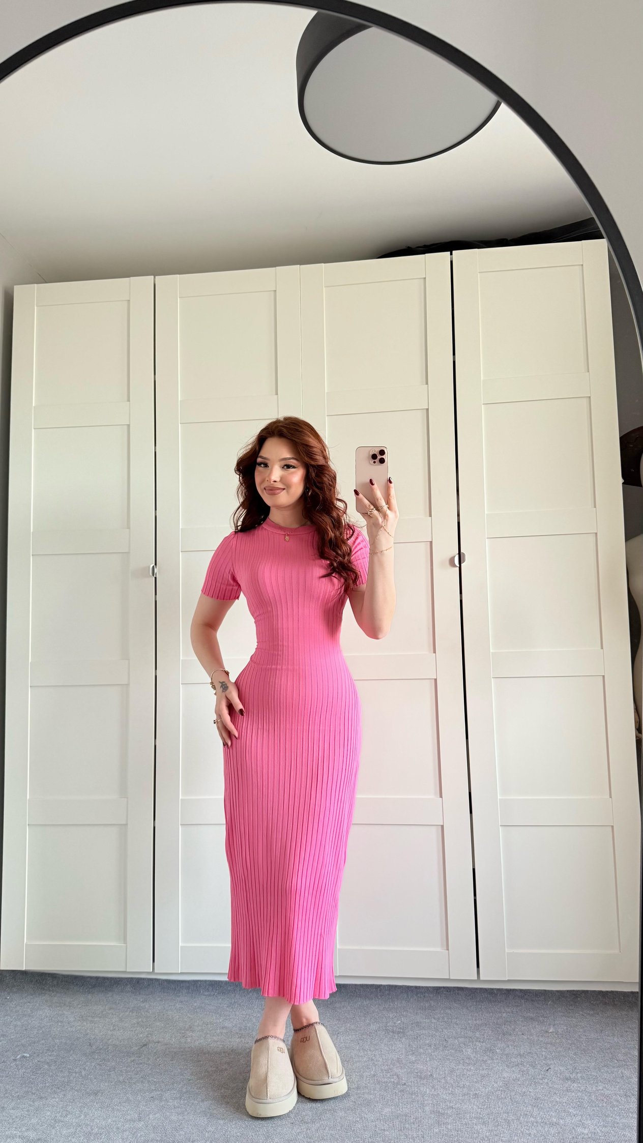 Triko Belden Bağlamalı Elbise Kısa Kol Pembe