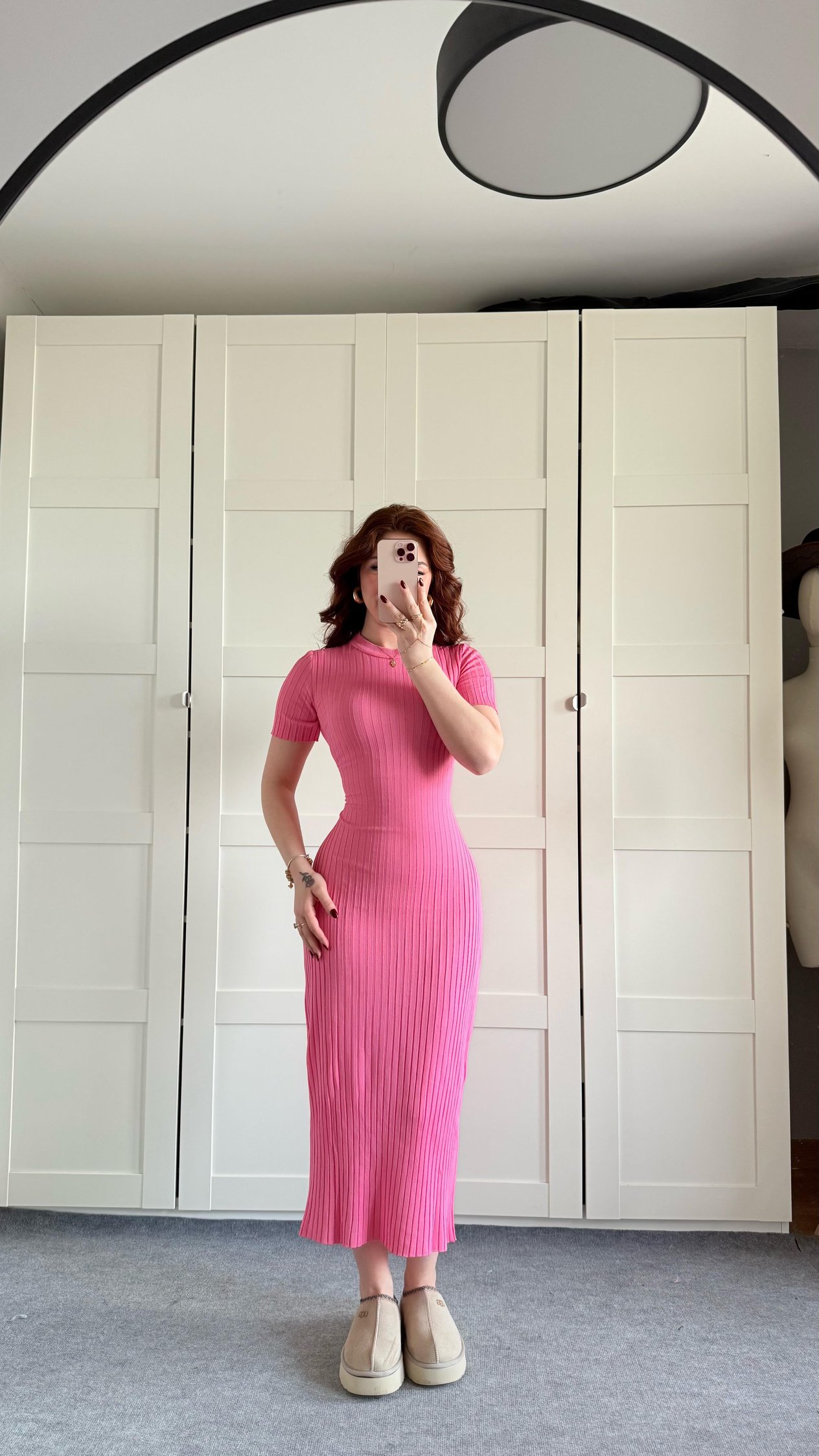 Triko Belden Bağlamalı Elbise Kısa Kol Pembe