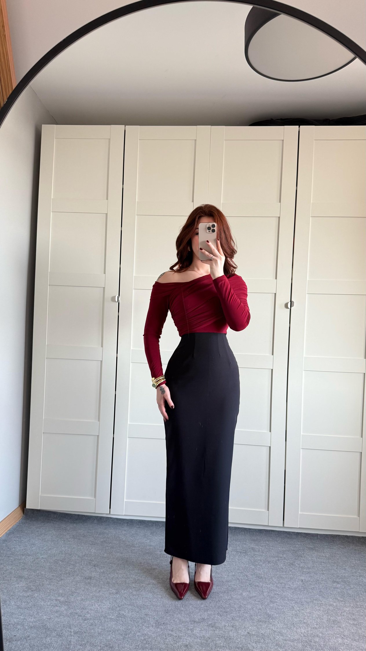Yaka Büzgülü Midi Boy Elbise Bordo