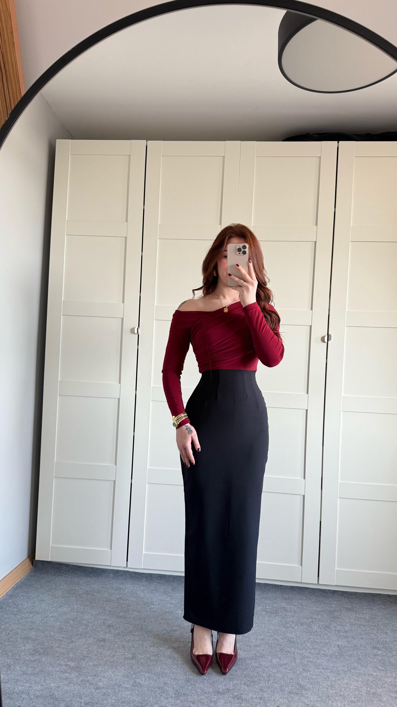 Yaka Büzgülü Midi Boy Elbise Bordo