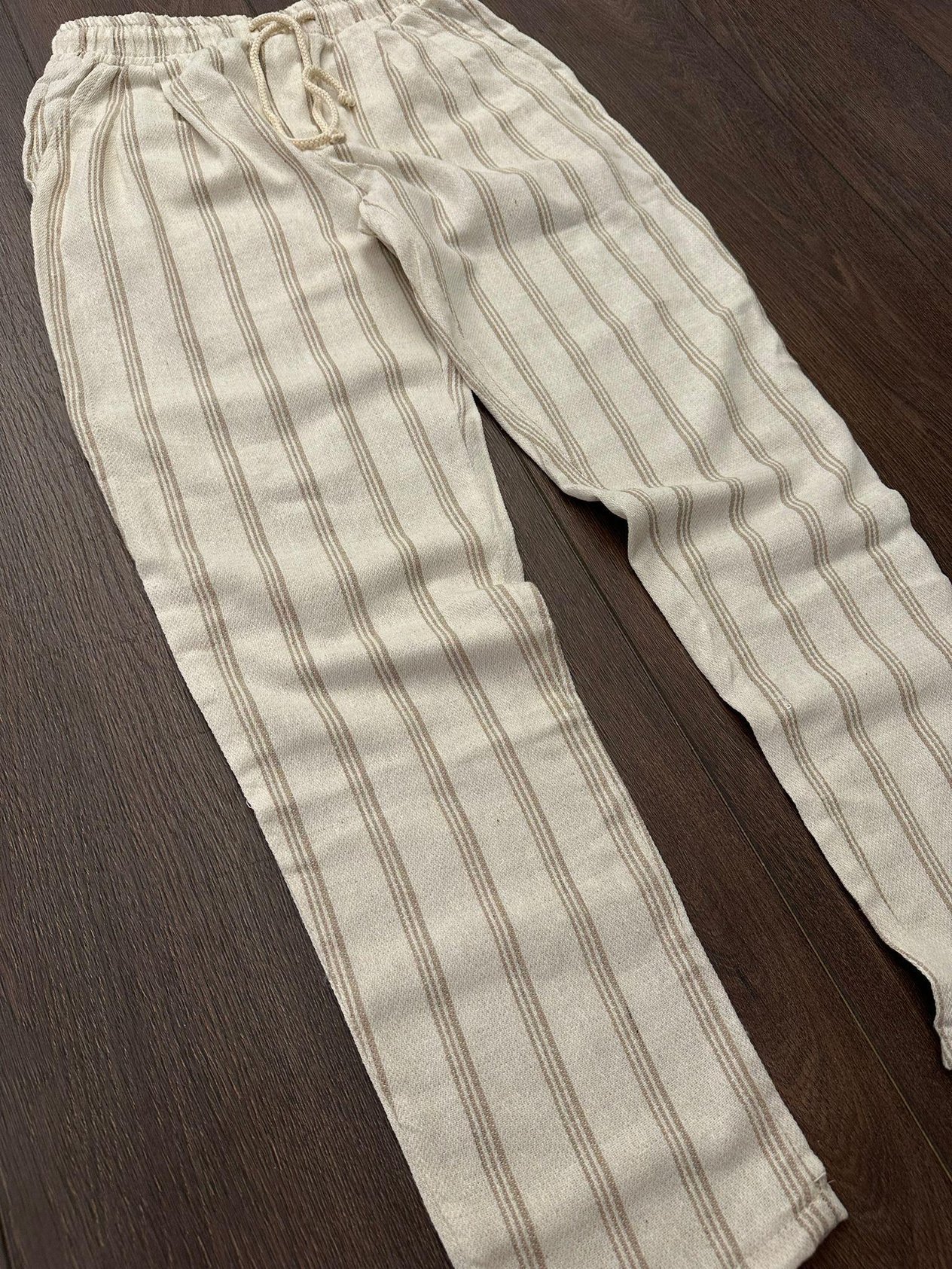 Argin Çizgili Keten Pantolon - Bej