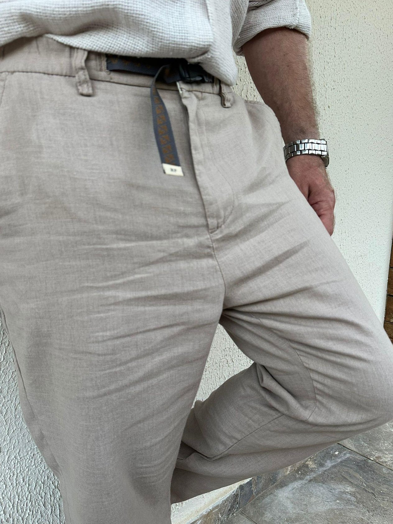 Beli Kemerli Lınen Kumaş Pantolon - Bej