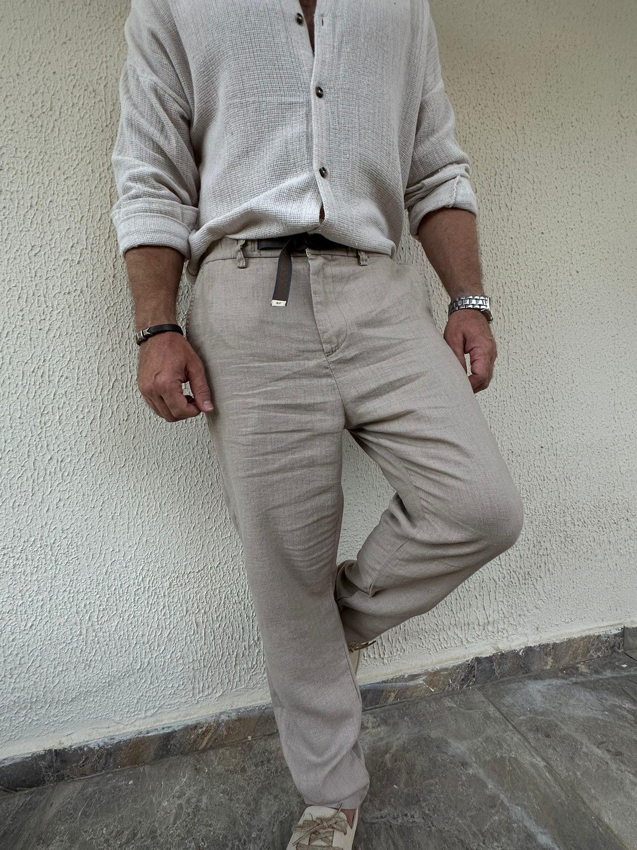 Beli Kemerli Lınen Kumaş Pantolon - Bej