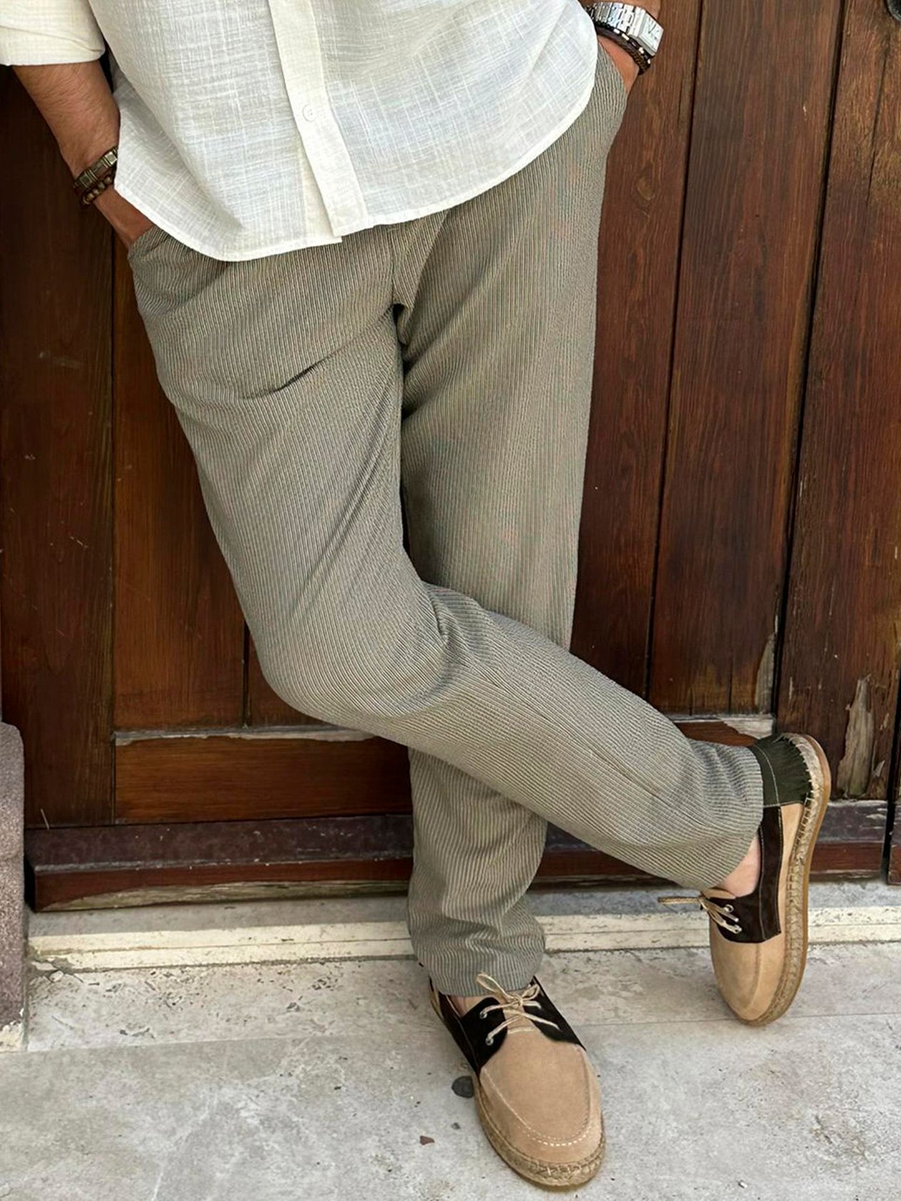 Beli Lastikli Çizgili Keten Pantolon