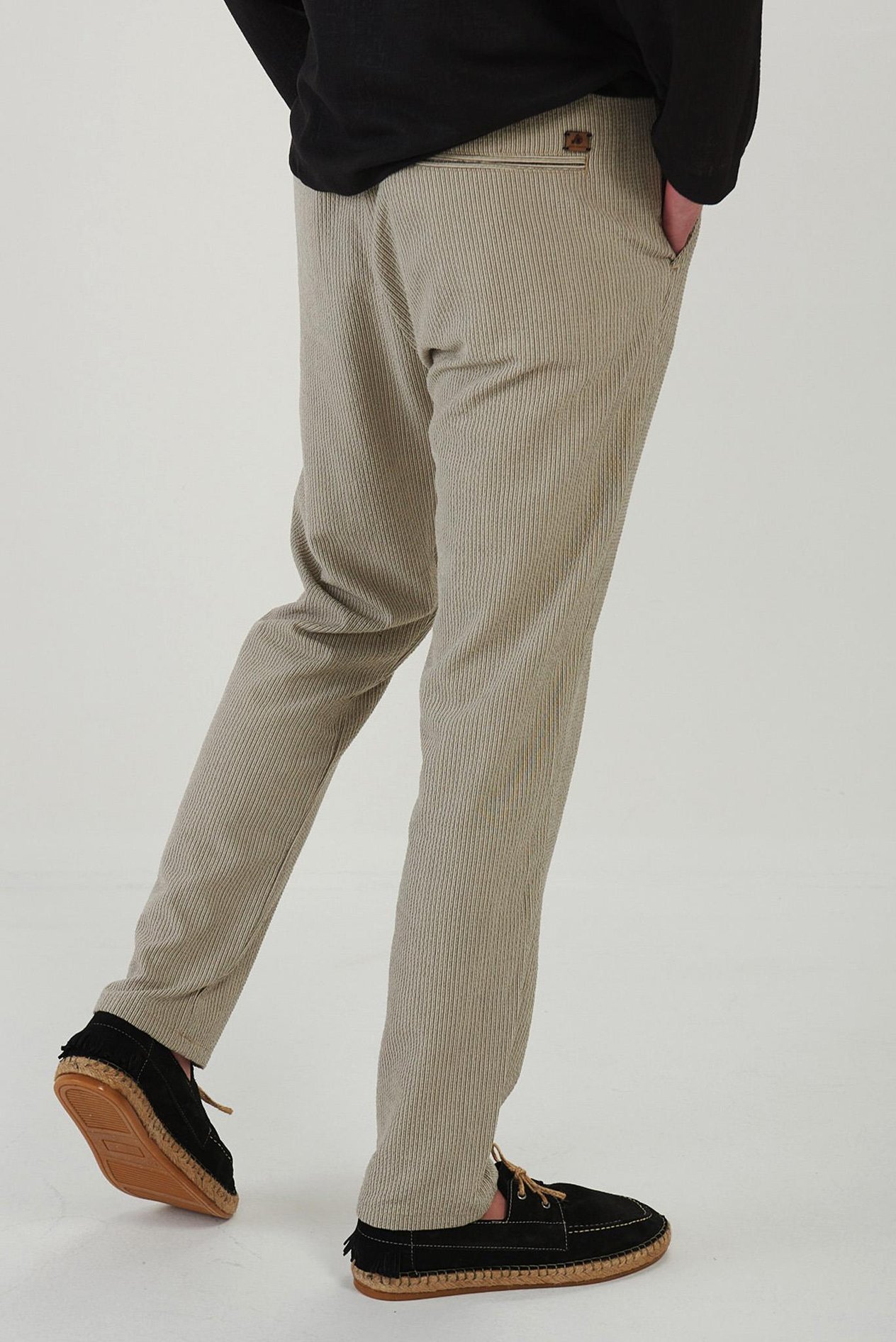 Beli Lastikli Çizgili Keten Pantolon