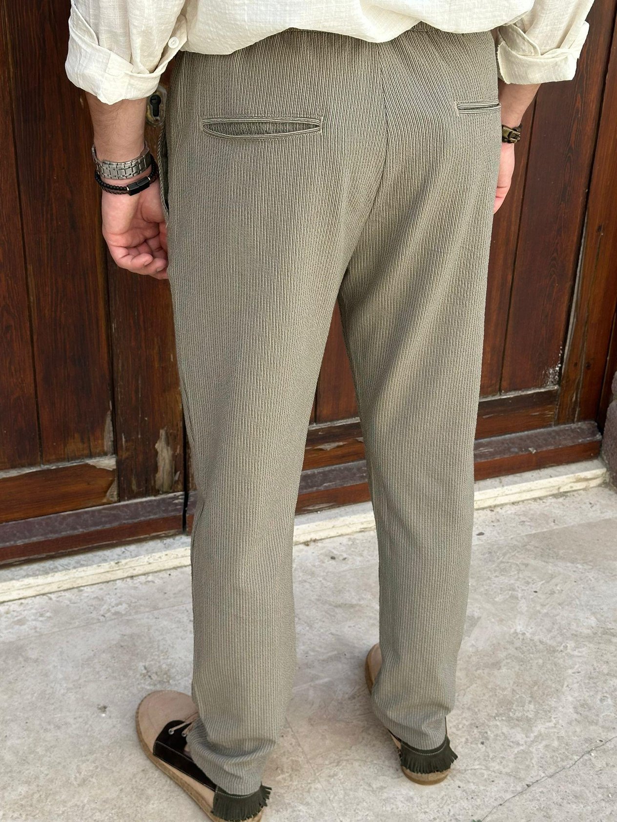 Beli Lastikli Çizgili Keten Pantolon