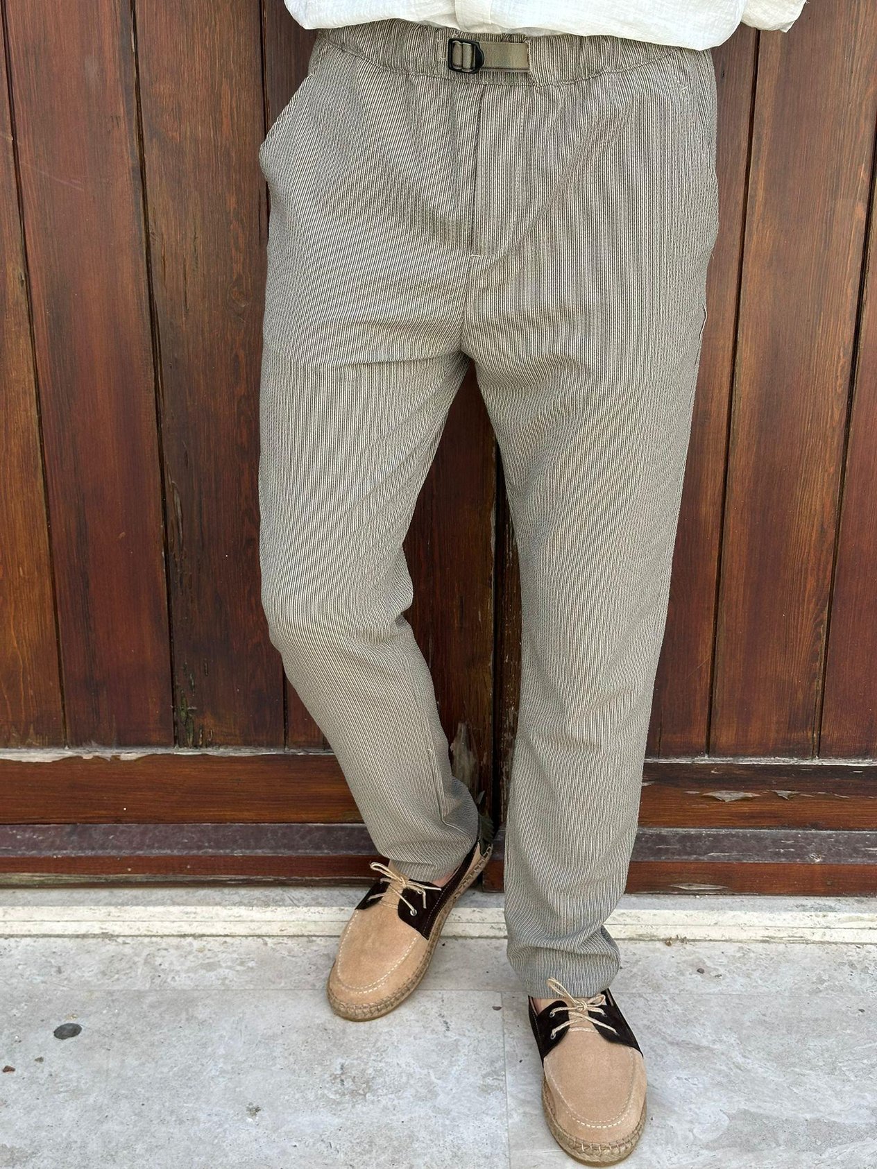 Beli Lastikli Çizgili Keten Pantolon