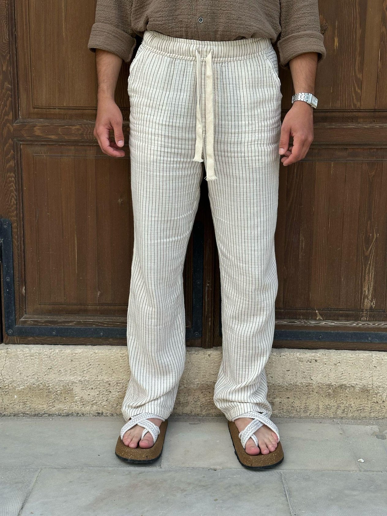 Lyros Çizgili Keten Pantolon