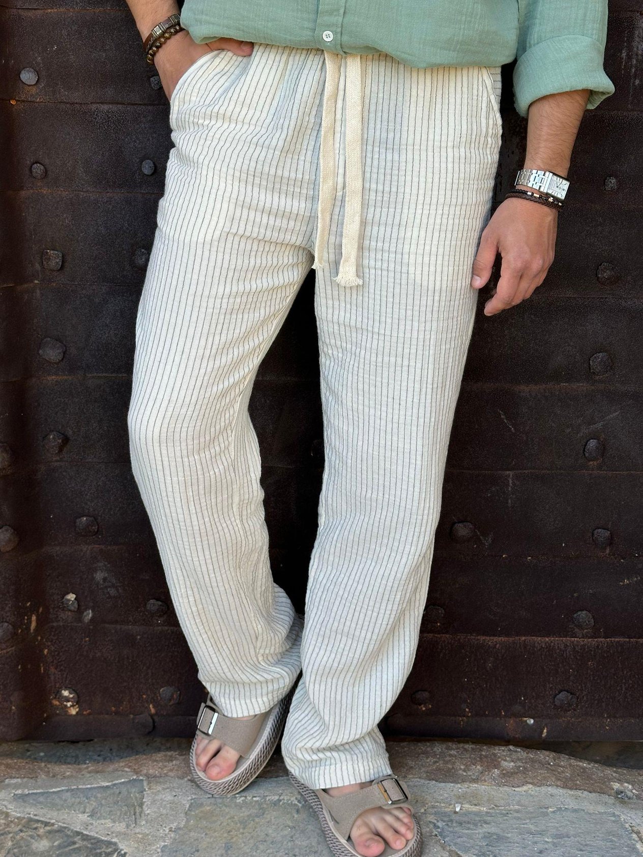 Lyros Çizgili Keten Pantolon