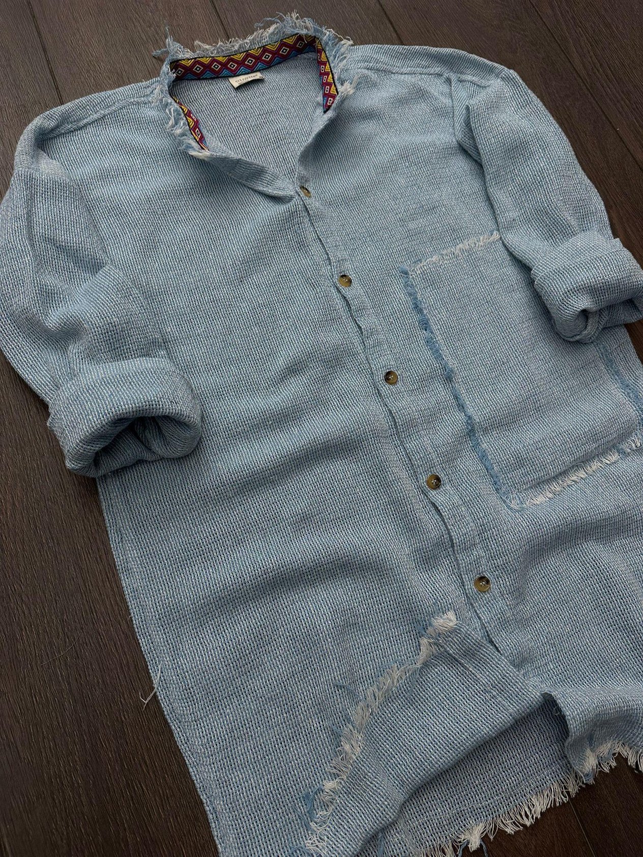 Yaka İçi Desenli Cep Detaylı Keten Gömlek - Buz Mavisi