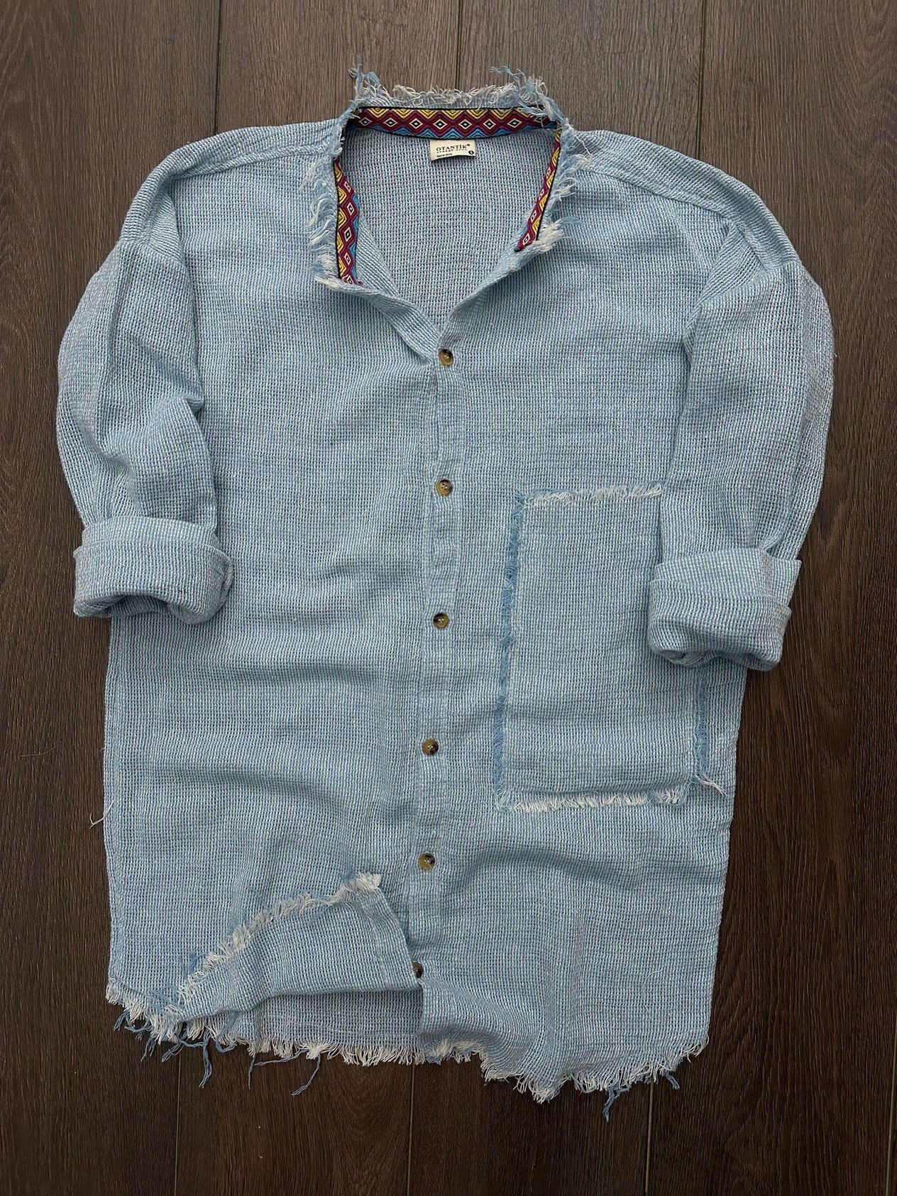 Yaka İçi Desenli Cep Detaylı Keten Gömlek - Buz Mavisi