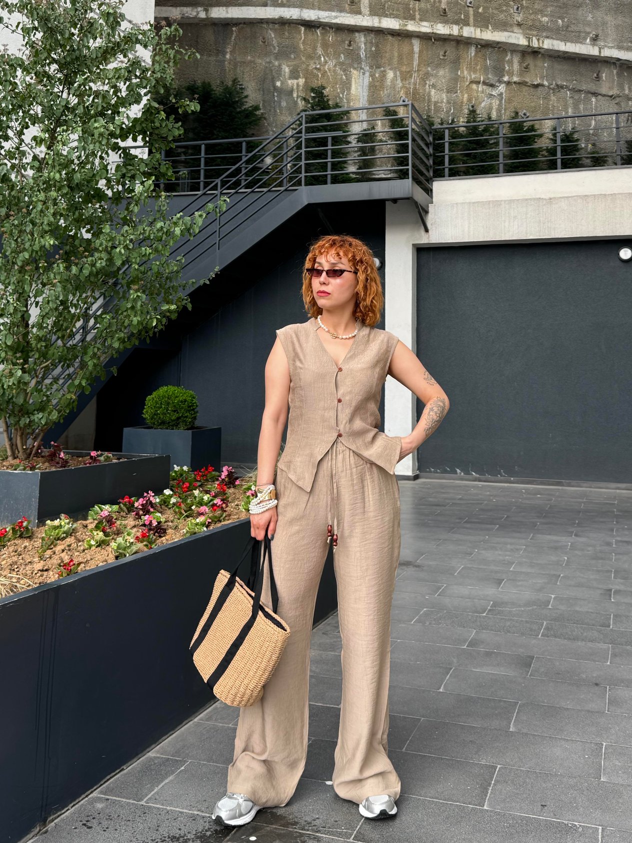 Premium Yazlık Modal Kumaş Bol Paça Lastikli Pantolon-Düğmeli Yelek İkili Takım