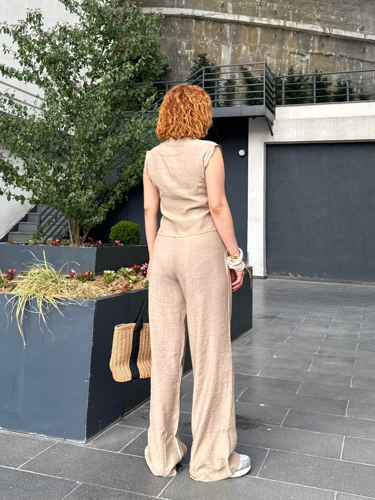 Premium Yazlık Modal Kumaş Bol Paça Lastikli Pantolon-Düğmeli Yelek İkili Takım