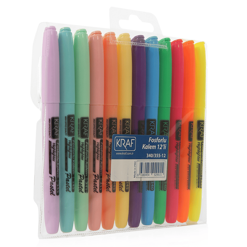 KRAF FOSFORLU KALEM TİPİ 340/345-12 12 Lİ ( 6 PASTEL+6 PARLAK RENK )