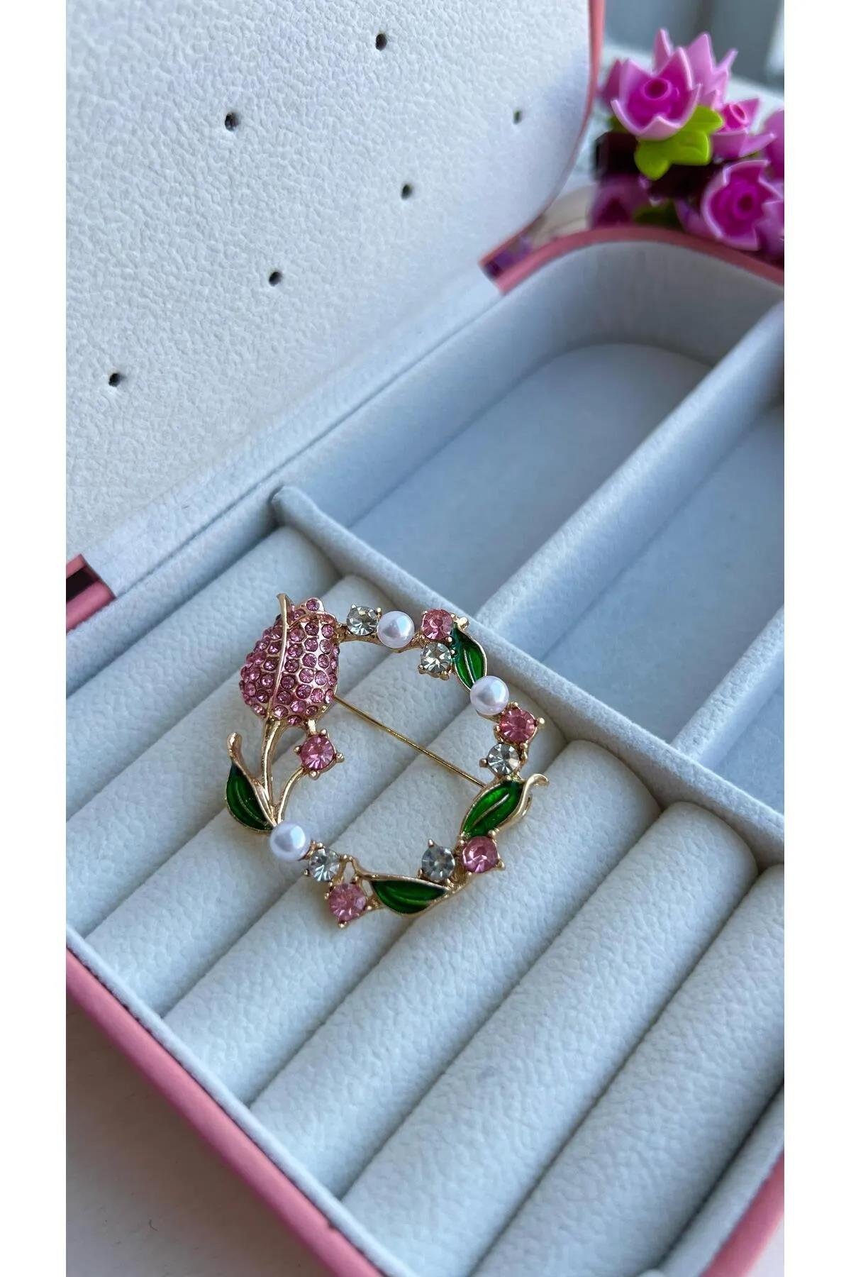 Özel Tasarım Pembe  Lale Broşu