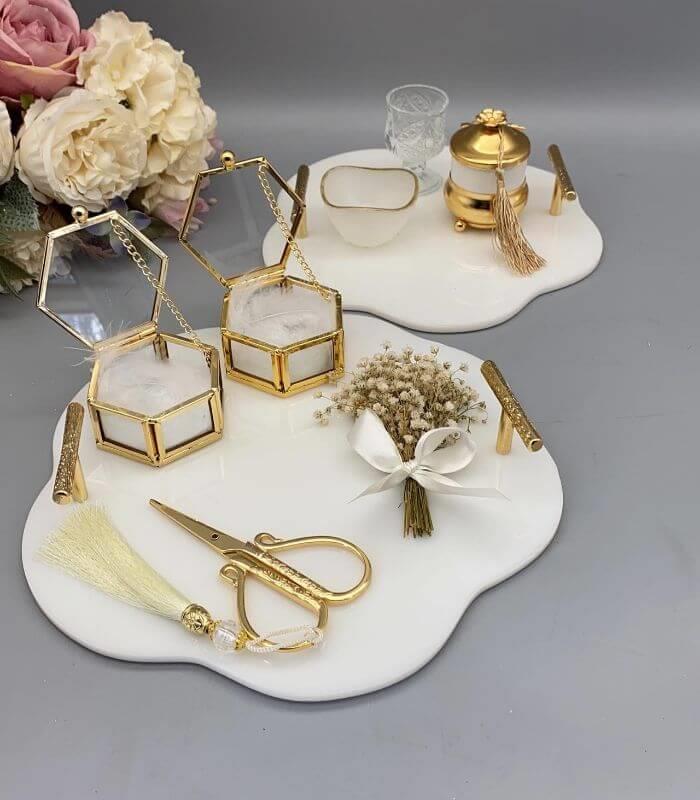 Doğal Epoksi Söz / Nişan Yüzük ve Damat Kahve Tepsi Seti - Gold