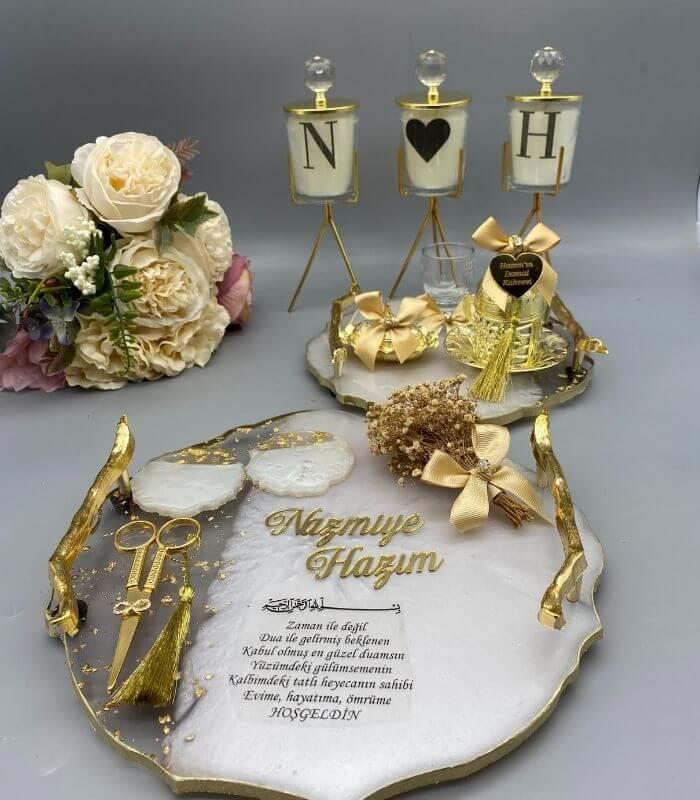 Epoksi Damat Kahve Tepsi Seti ve Mum Harfler