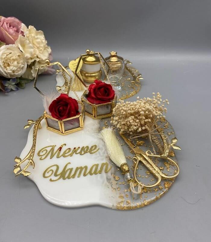 Epoksi Damat Kahve ve Nişan Tepsi Seti - Gold