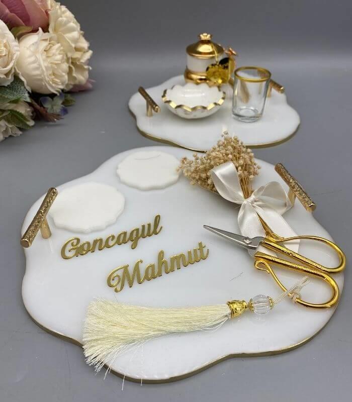 Epoksi Söz ve Damat Kahve Tepsi Seti Yuvarlak