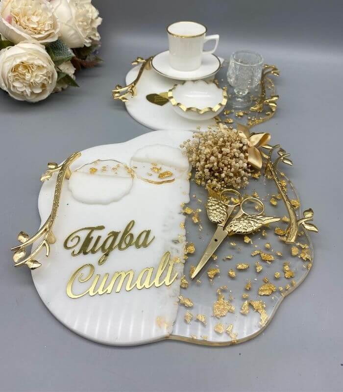 Epoksi Yüzük ve Damat Kahvesi Tepsi Seti - Gold