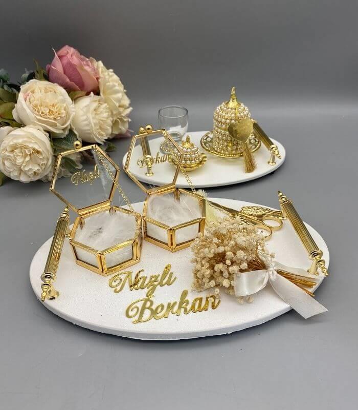 Yuvarlak Polyester  Söz ve Damat Kahve Tepsi Seti - Gold