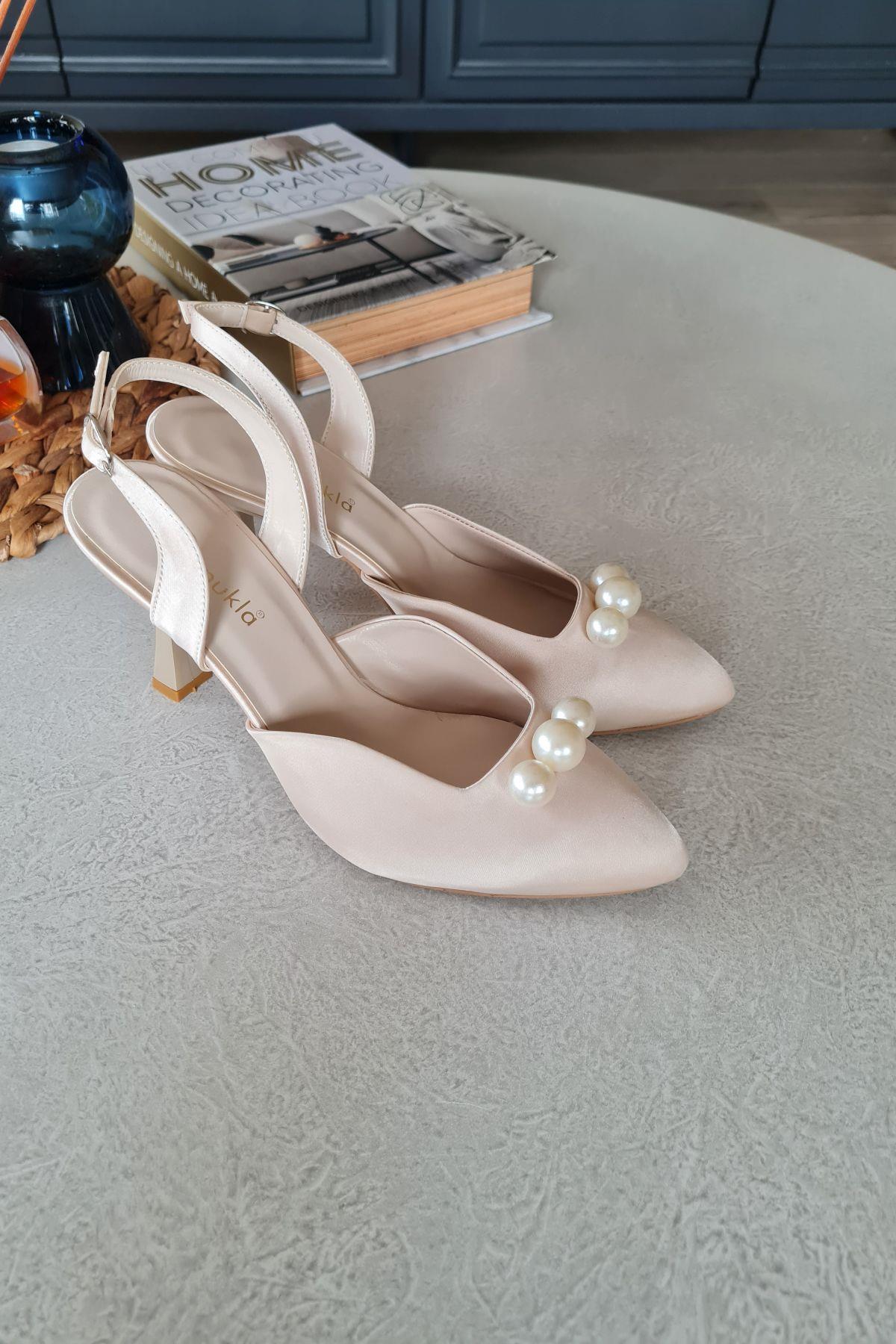 015 3 TOP 11P  Topukla Kadın İncili 8cm Topuklu Abiye Gelin Ayakkabısı 