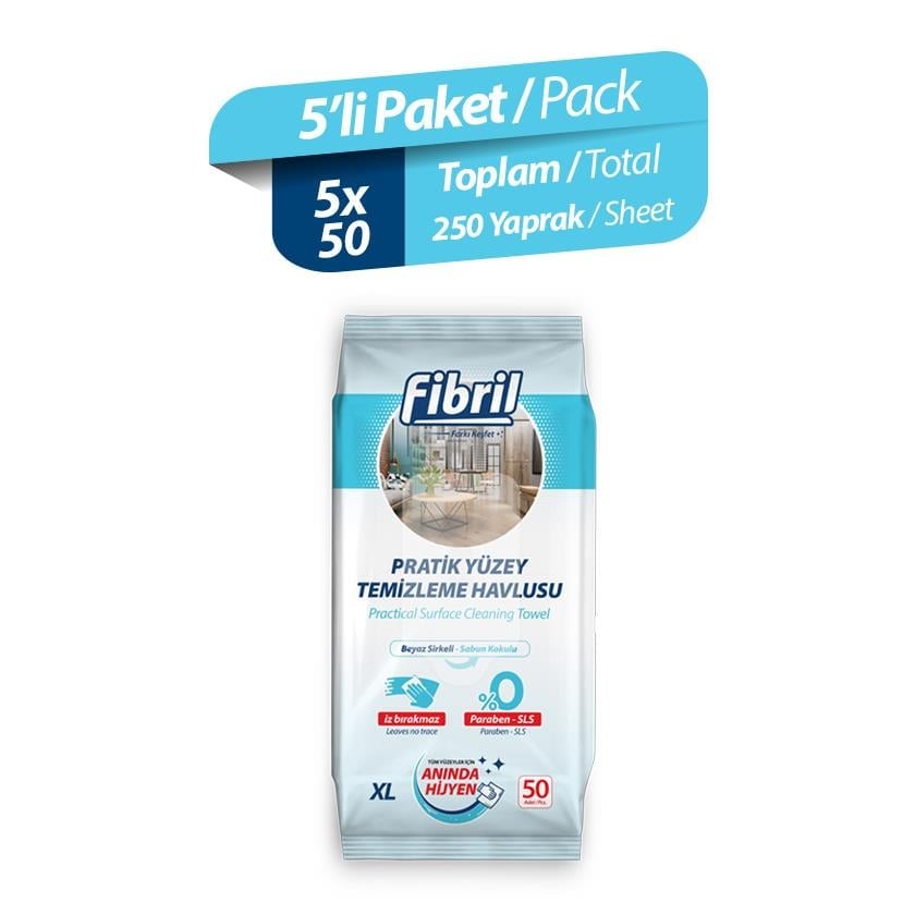 Fibril Pratik Yüzey Temizleme Havlusu Sabun Kokulu  5 Paket 250 Yaprak