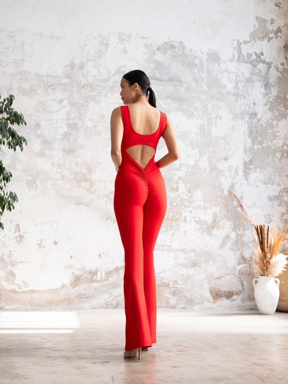 İspanyol Scrunch Butt Jumpsuit Kırmızı Renk 1502
