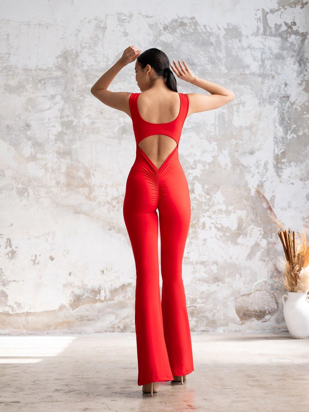İspanyol Scrunch Butt Jumpsuit Kırmızı Renk 1502