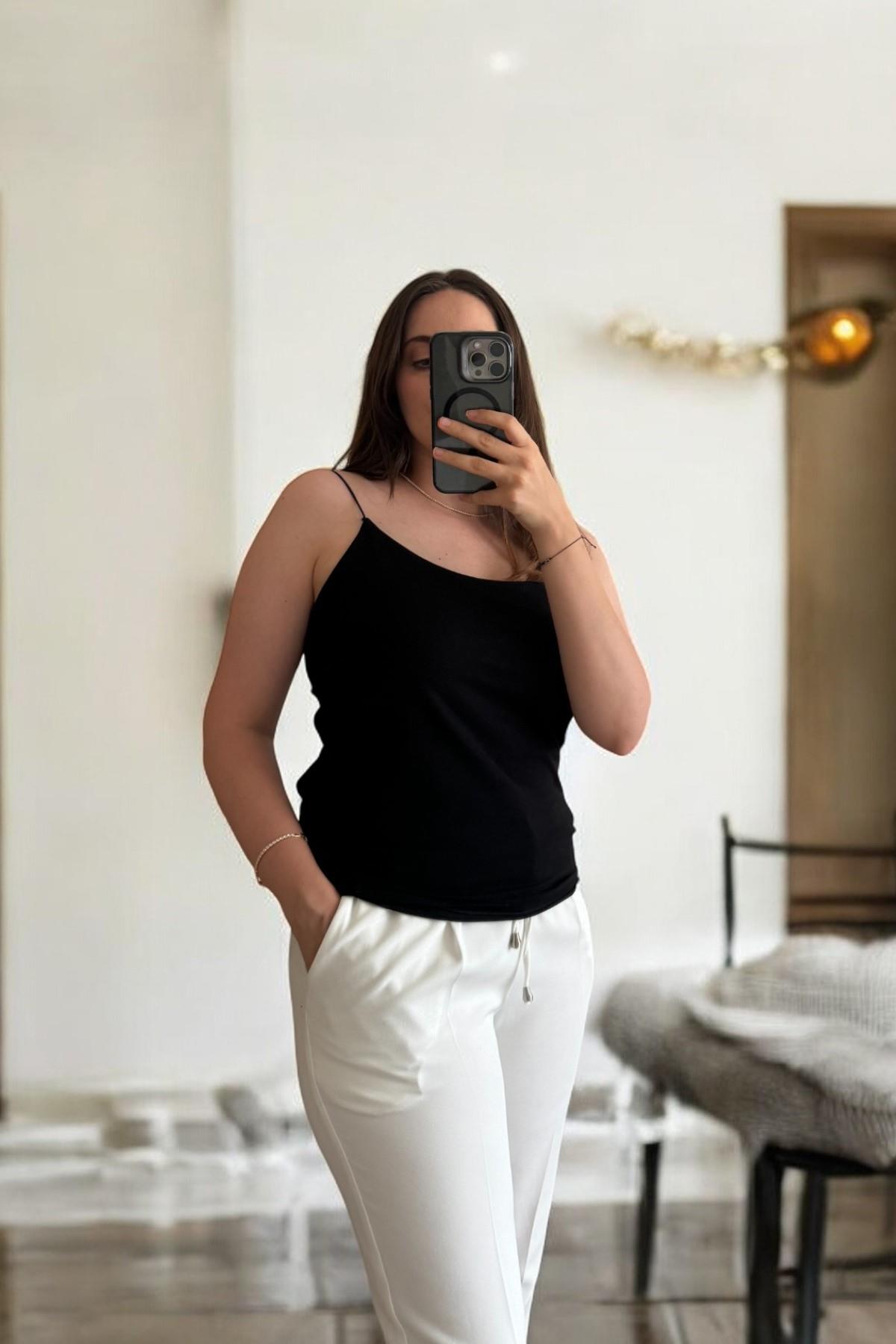 Siyah İp Asklı Düz Kadın Body