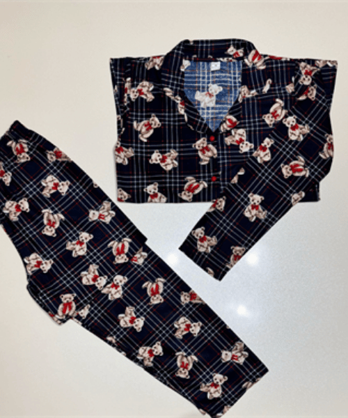 Ekose-ayı desen lacivert süet pijama takımı
