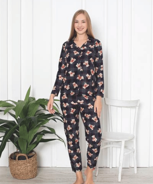 Ekose-ayı desen lacivert süet pijama takımı