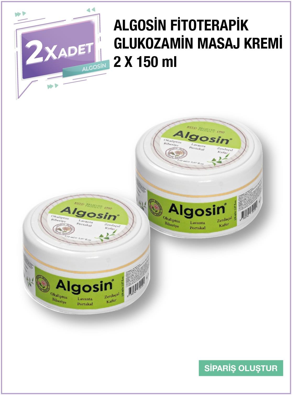 2 Adet Algosin Fitoterapik Glukozamin ve Aromatik Bitkisel Yağlar İçeren Masaj Kremi