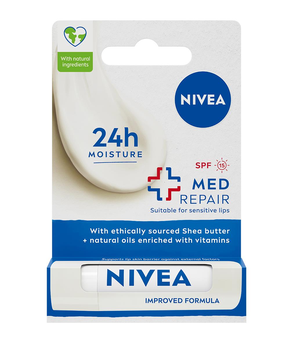 NIVEA - Dudak Bakımı - MED+ Repair Onarıcı Dudak Bakım Kremi - Doğal Yağlar  ve Shea Yağı ile Zenginleştirilmiş Geliştirimiş Formül - Renksiz - 4.8g - SpF15 Güneş Koruma Faktörü