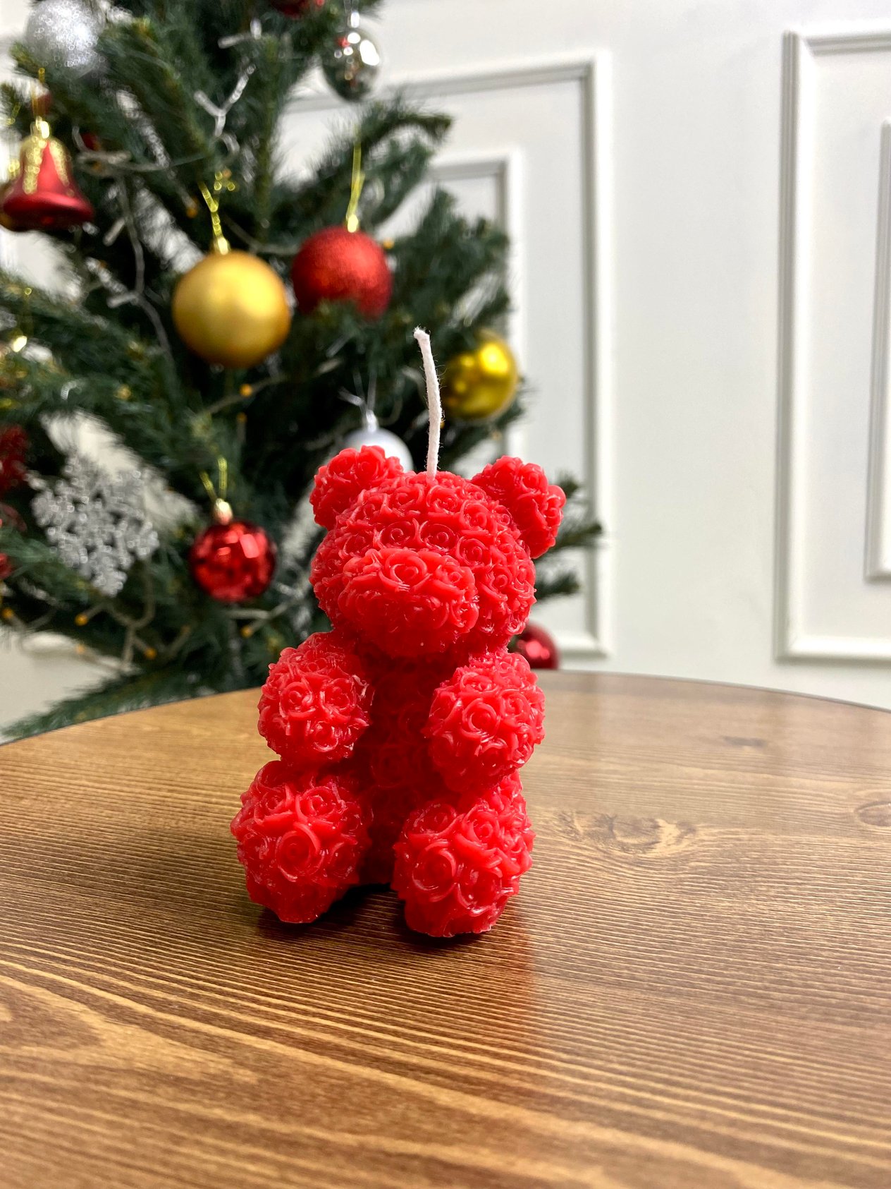 %100 Doğal Soya Wax Mum Kırmızı Gül Desenli  Ayıcık 
