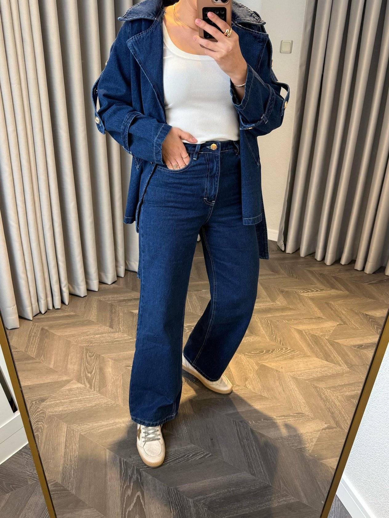Tasarım Gold Düğme Detaylı Denim Takım