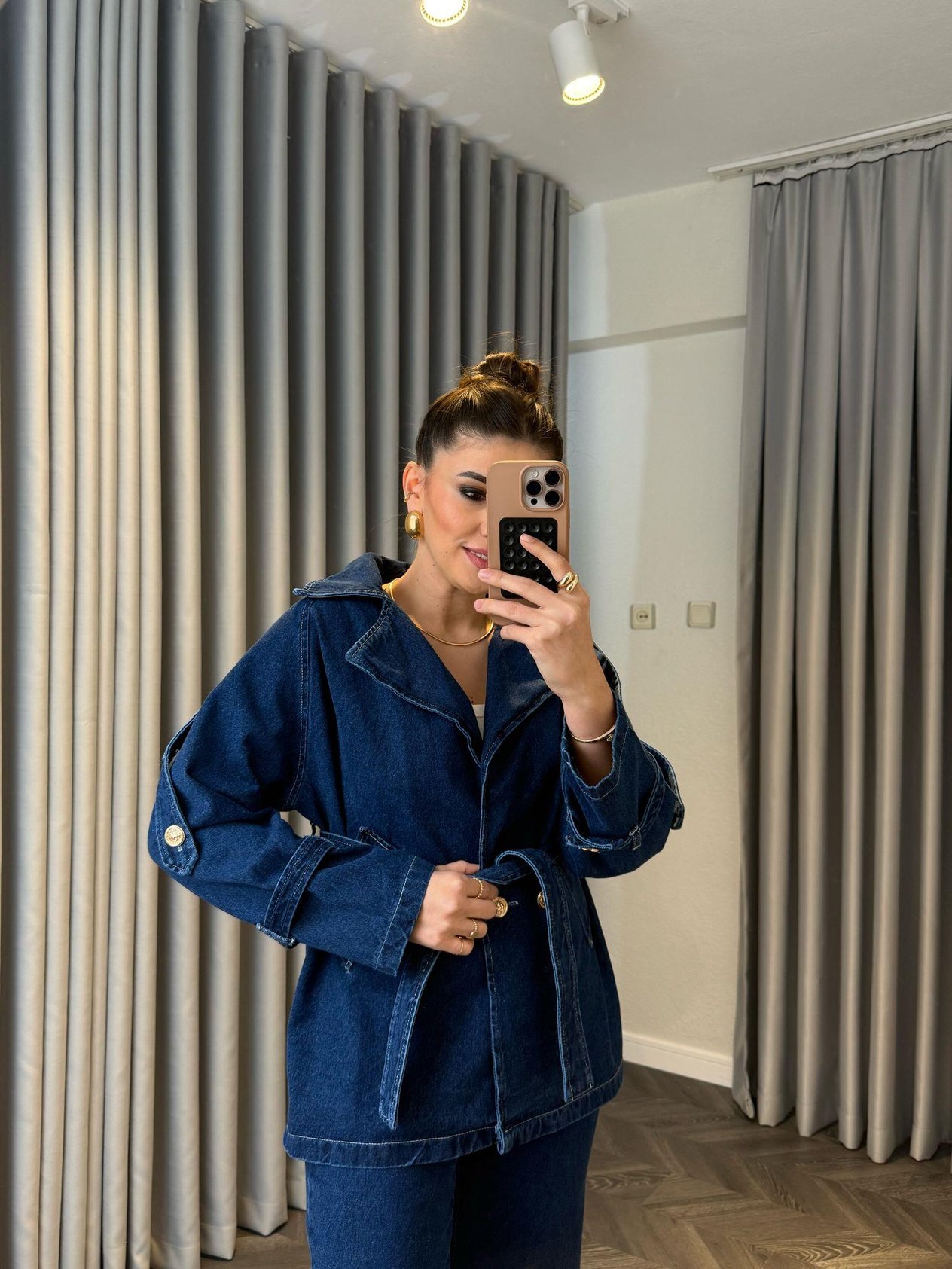 Tasarım Gold Düğme Detaylı Denim Takım