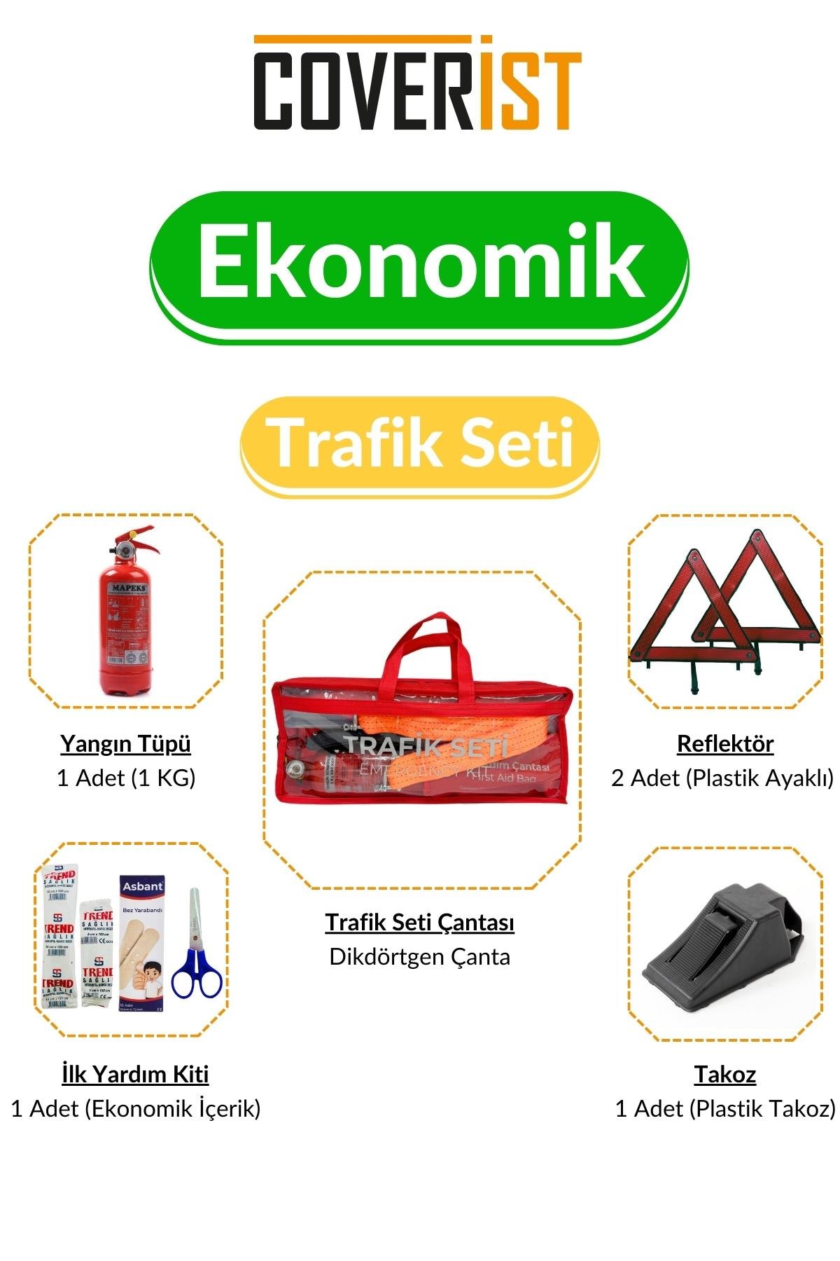 Trafik ve İlk Yardım Seti - Ekonomik Paket 1 KG Araç Yangın Tüpü - 2 Adet Reflektör 
