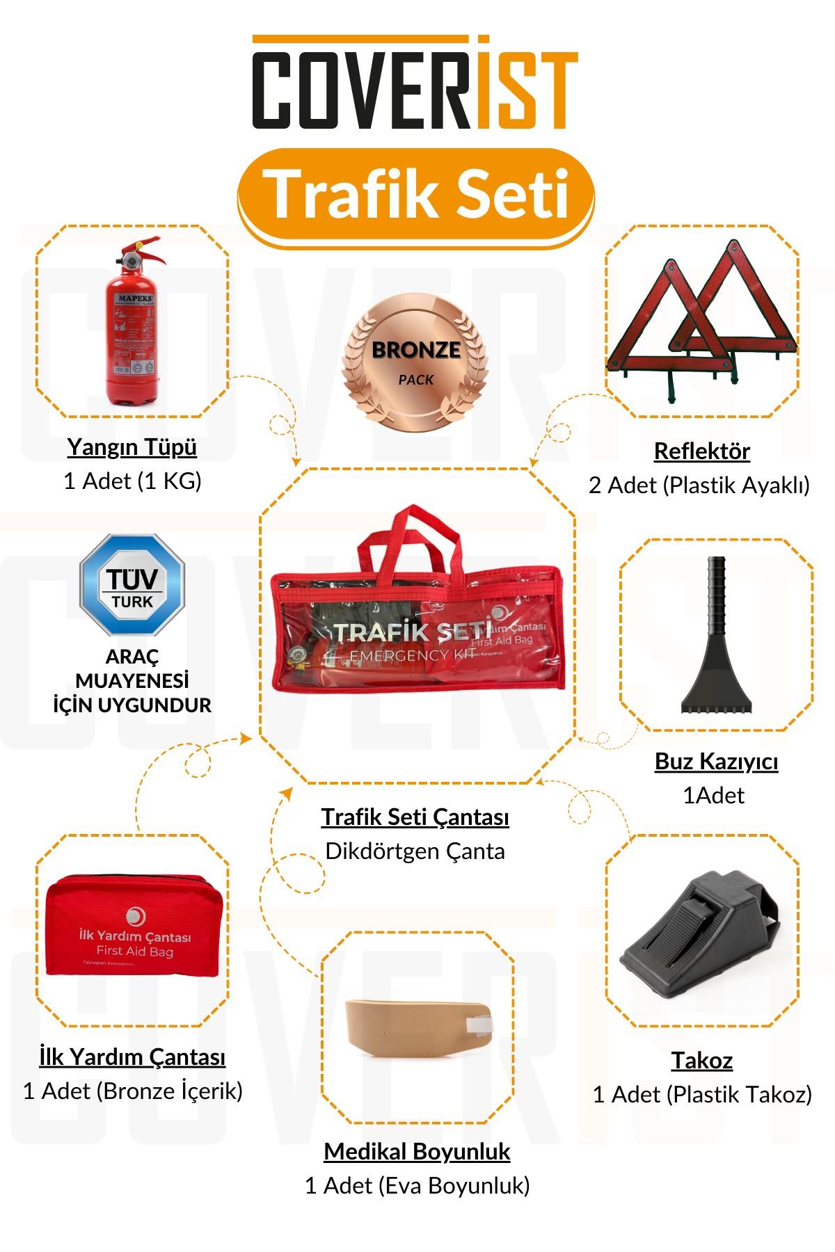 Trafik ve İlk Yardım Seti - Muayene Uyumlu 1 KG Araç Yangın Tüpü - 2 Adet Reflektör - Bronze Pack