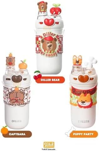 Diller 520ml Sevimli Hayvanlar Süslü Pipetli/Pipetsiz Boyun Askılı Paslanmaz Çelik Termos (Puppy Party)
