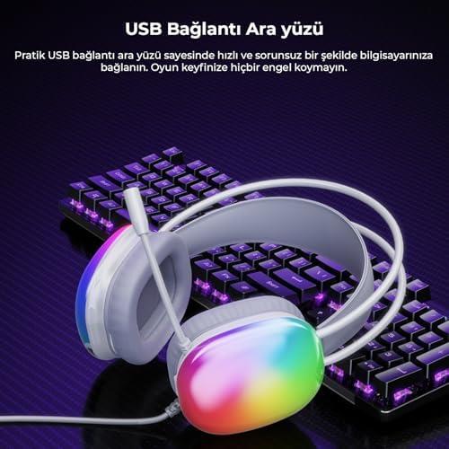 HT409 USB Kablolu RGB LED Aydınlatmalı Mikrofonlu Kulak Üstü Gaming Kulaklık Beyaz (Beyaz)