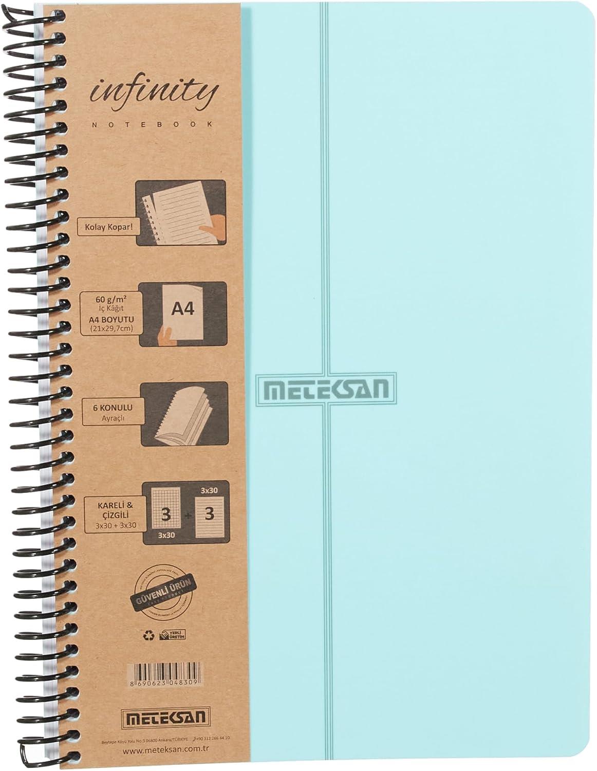 Infinity Pastel Serisi, A4, 6 Konulu (3 Kareli, 3 Çizgili) 180 Yaprak PP Kapaklı Spiralli Defter, Mavi