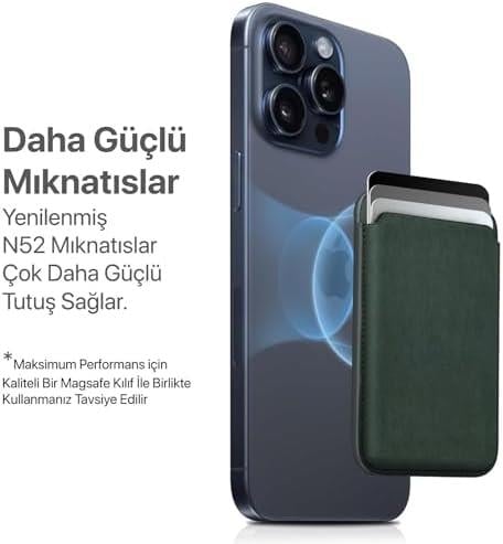 iphone için Magsafe ile Uyumlu Cüzdan Manyetik Kartlık Yenilenmiş V2 Güçlü Mıktanıs ile Süper Yapışma ve Sağlam Tutuş (Yeşil, Dokuma)
