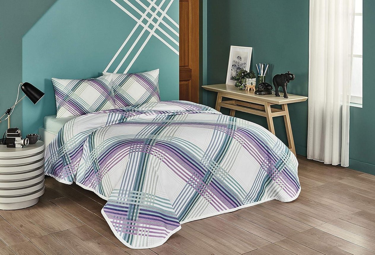 Lewis Geometrik Desenli%100 Pamuk Pike Takımı, Mint, Tek Kişilik (Pike: 160x230 cm/Lastikli Çarşaf: 100x200 cm/Yastık Kılıfı: 50x70 cm)