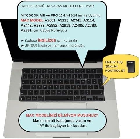 Macbook Kılıf M1-M2-M3-M4 Air Pro Klavye Koruyucu İngilizce Baskılı (UK-EU) TouchID'li A2681 A2941 A2442 A2485 ile Uyumlu Siyah