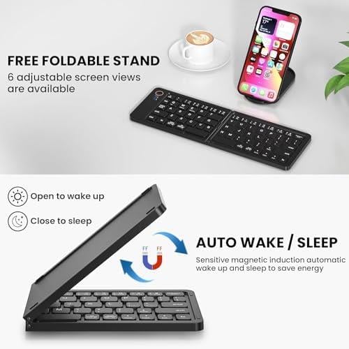 Mini Katlanabilir Bluetooth Klavye Taşınabilir ve Telefon Standı iPhone ile uyumlu iPad ile uyumlu Mac ile uyumlu Android Windows ile uyumlu Ultra İnce Alüminyum Seyahat Katlanır Siyah Z671